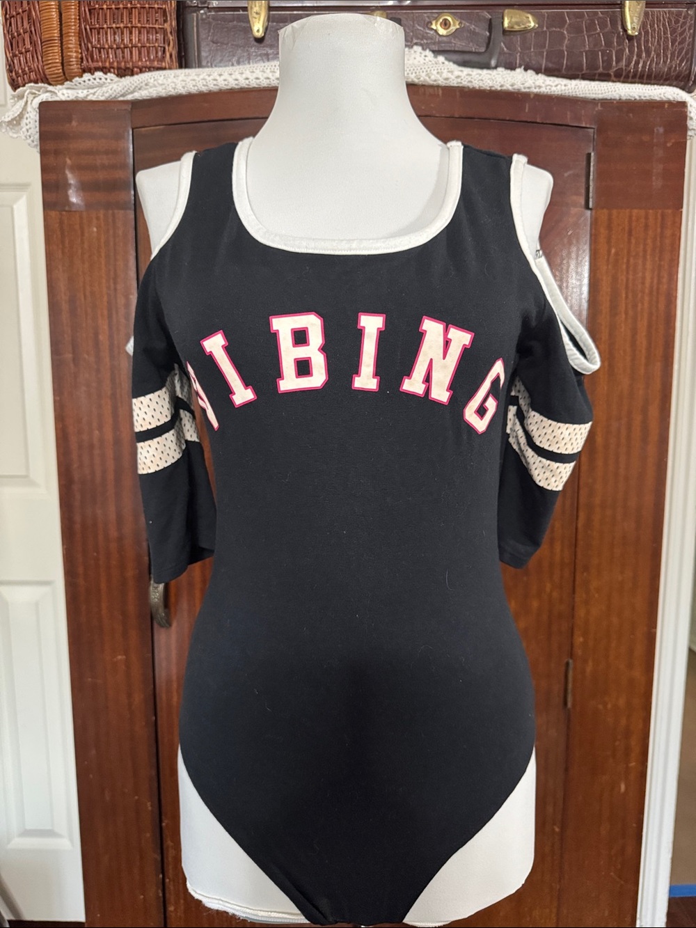 Cold-Shoulder Black Bodysuit with Contrast Trim